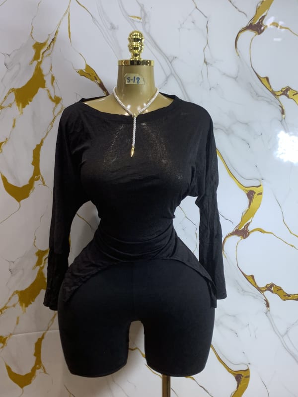 Women's Black Long Sleeve Top & Fitted Shorts Set