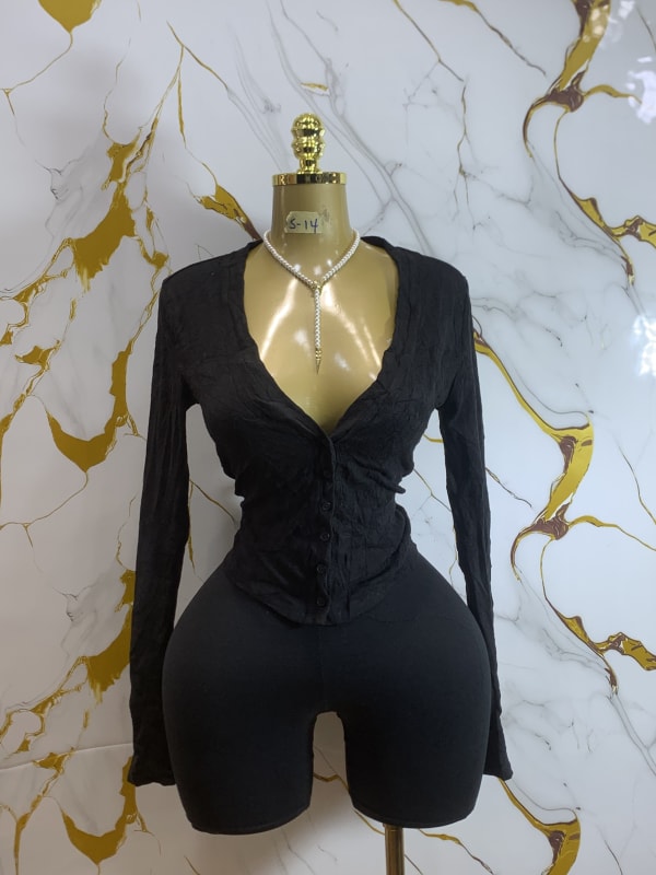 Women's Black Textured Ruched V-Neck Button Blouse