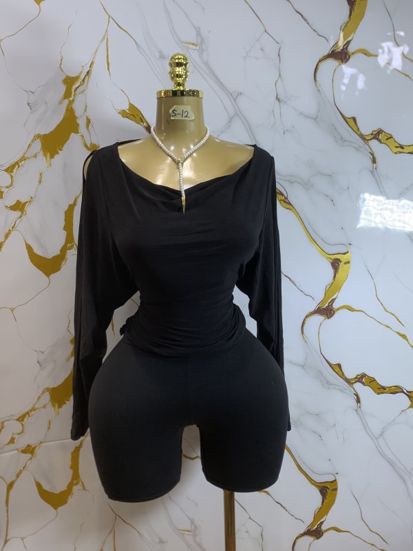 Black Draped Ruched Long Sleeve Romper Shorts Jumpsuit