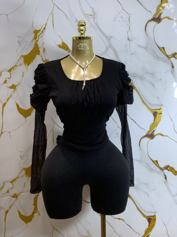 Black Ruched Puff Shoulder Sheer Mesh Sleeve Top