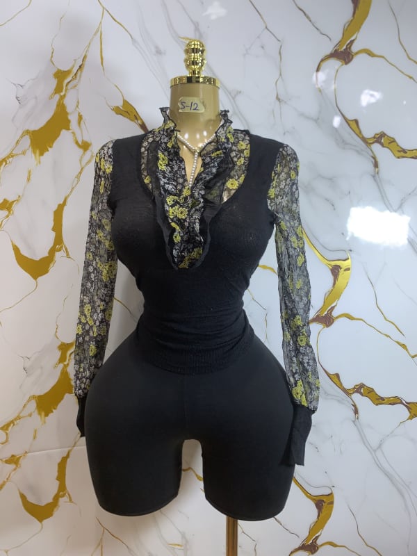 Black Ruffle Floral Print Sheer Sleeve Blouse