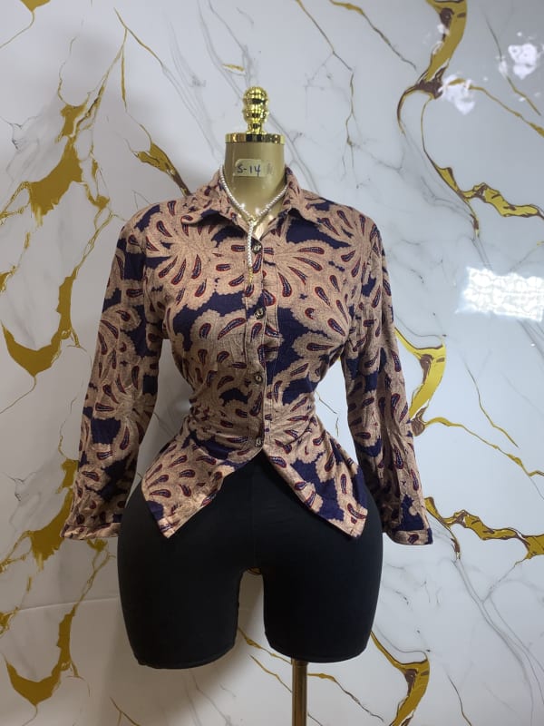 Navy & Beige Floral Print Long Sleeve Shirt Blouse