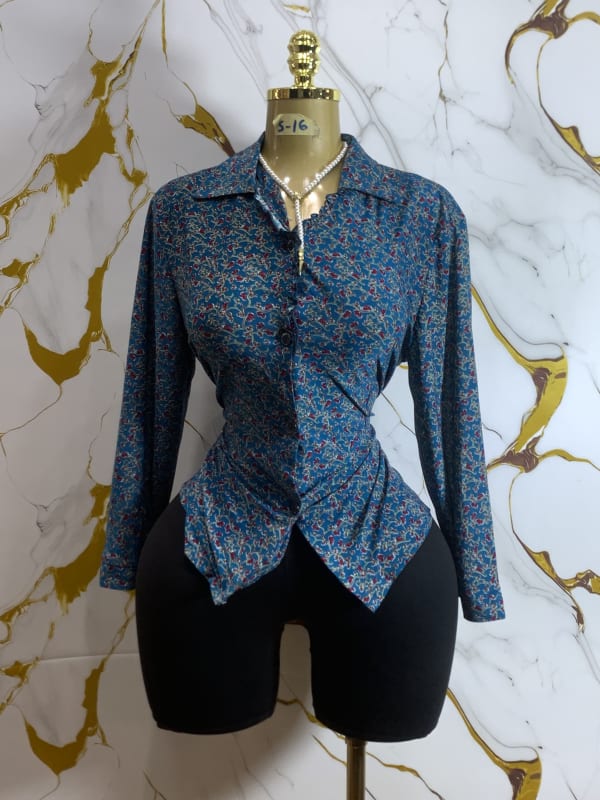 Women's Teal Floral Print Long Sleeve Button-Down Blouse