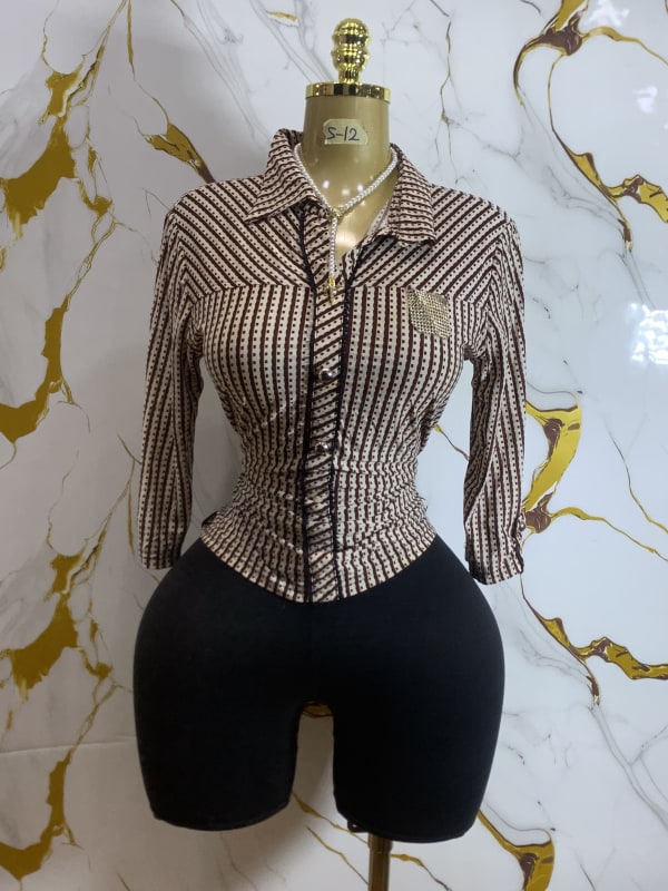 Women's Striped Cinched Waist Blouse with Rhinestone Pocket