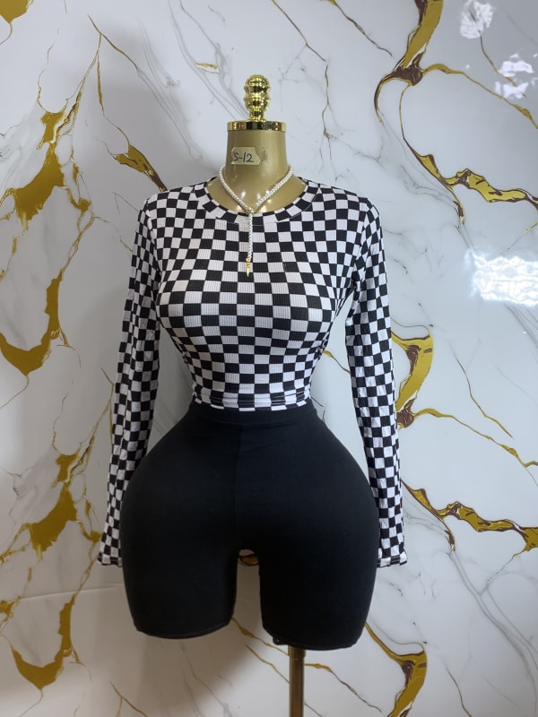 Checkered Long Sleeve Crop Top