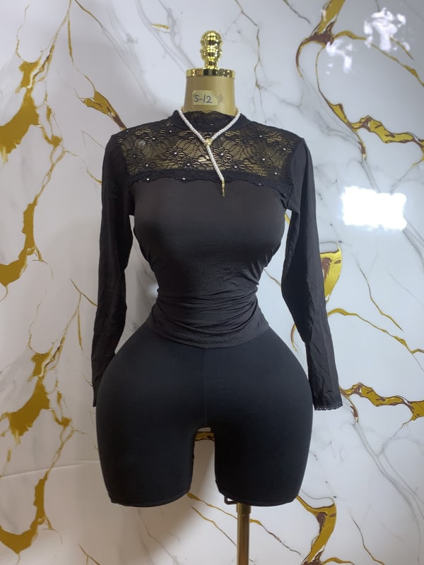 Women's Black Lace Neck Long Sleeve Crop Top & High Waist Shorts Set