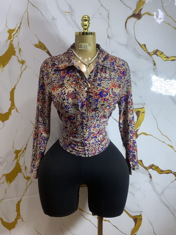Elegant Floral Print Ruched Shirt & Black Biker Shorts Set