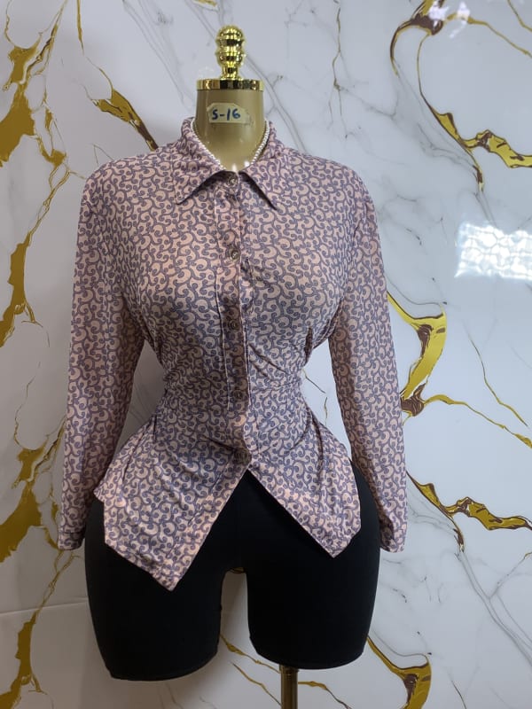 Chic Printed Long Sleeve Blouse - Cinched Waist Design