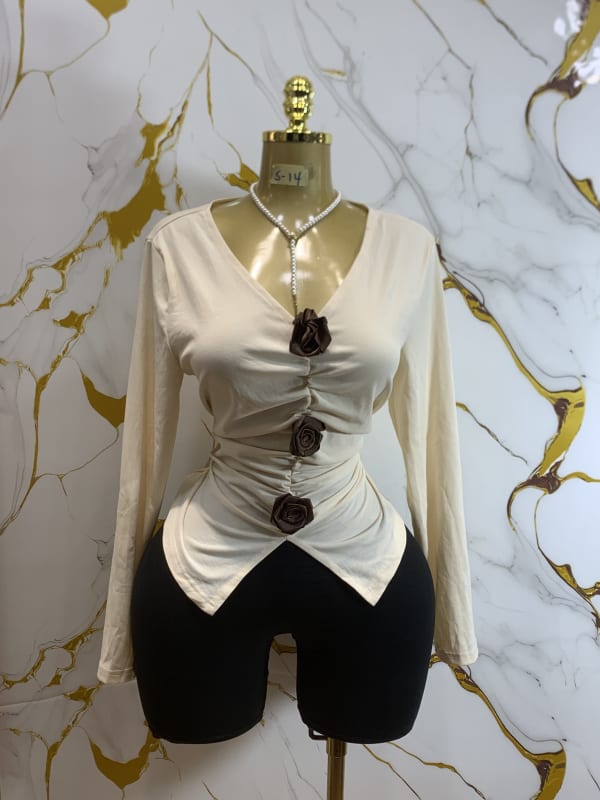Elegant Cream Ruched Long Sleeve Top with Rose Detail