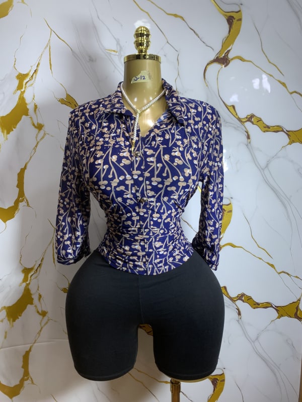 Women's Navy Floral Button-Down Ruched Blouse
