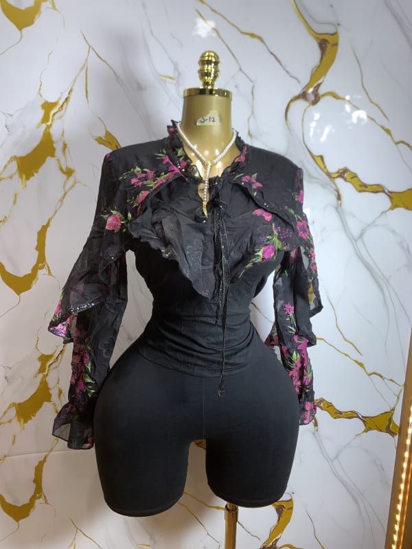 Black Floral Ruffle Blouse - Sheer Sleeve Elegant Top