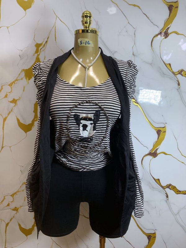 Women's Striped Dog Tee & Open Black Vest Set
