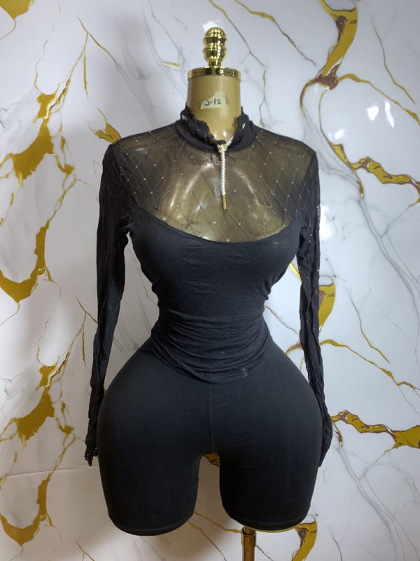 Black Sheer Mesh Rhinestone Bodycon Jumpsuit