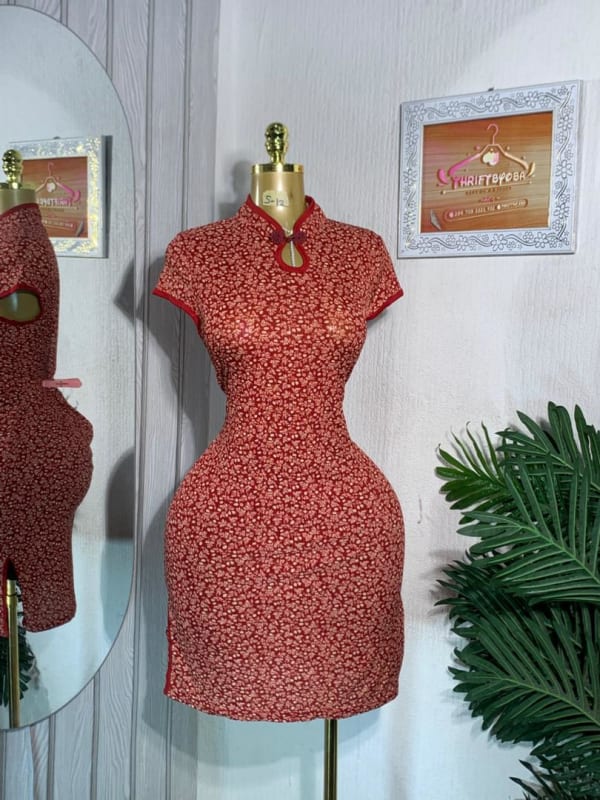 Red Floral Cheongsam Mini Dress - Mandarin Collar Bodycon