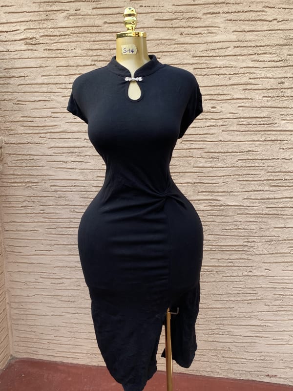 Chic Black Cheongsam Inspired Dress with Twist Detail