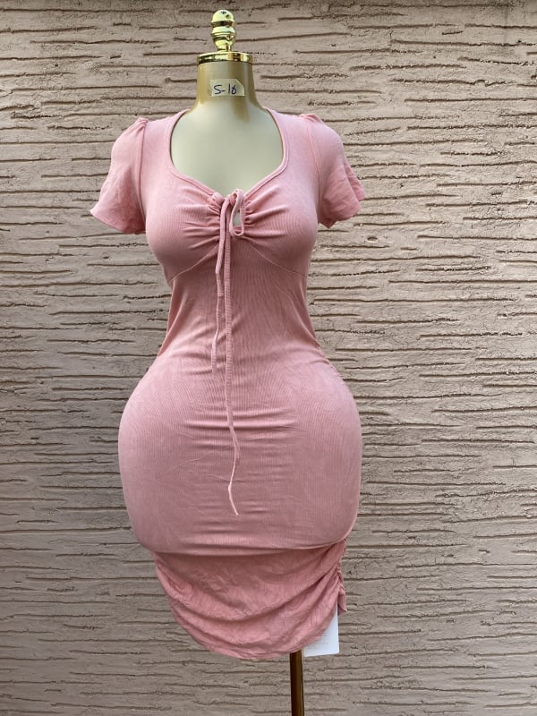 Ruched Front Tie Neck Ribbed Bodycon Dress