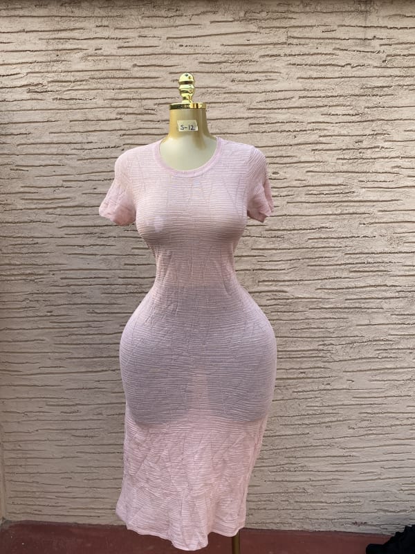 Women's Pink Textured Knit Bodycon Midi Dress