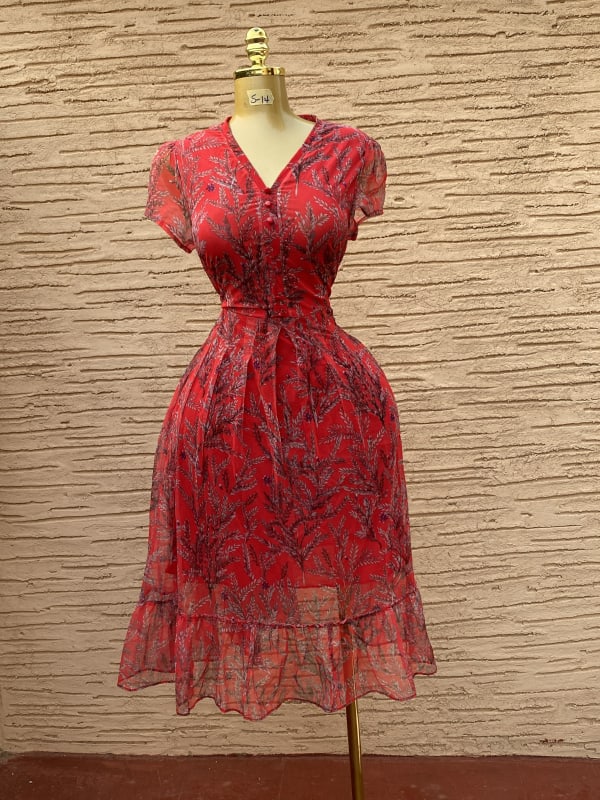 Red Floral Print Midi Dress with Ruffled Hem