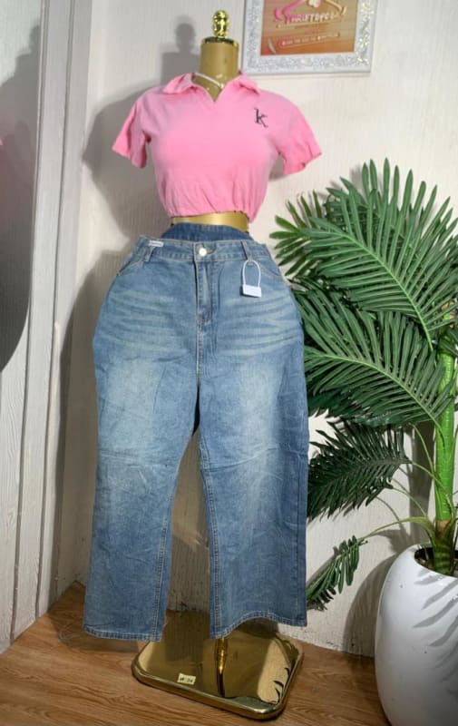 Women's Denim Wide Leg Jeans & Crop Polo Shirt Set