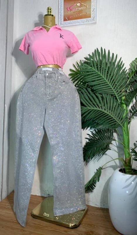 Women's Sparkle Rhinestone Wide Leg Jeans - Glamorous Streetwear