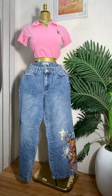 Women's Graphic Print Wide Leg Jeans & Pink Crop Polo Shirt Set