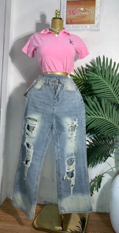 Women's Ripped Wide Leg Jeans with Pink Crop Polo Top