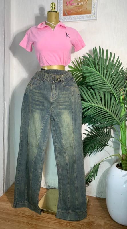 Vintage Wash Wide Leg Jeans with Pink Cropped Polo Top Set