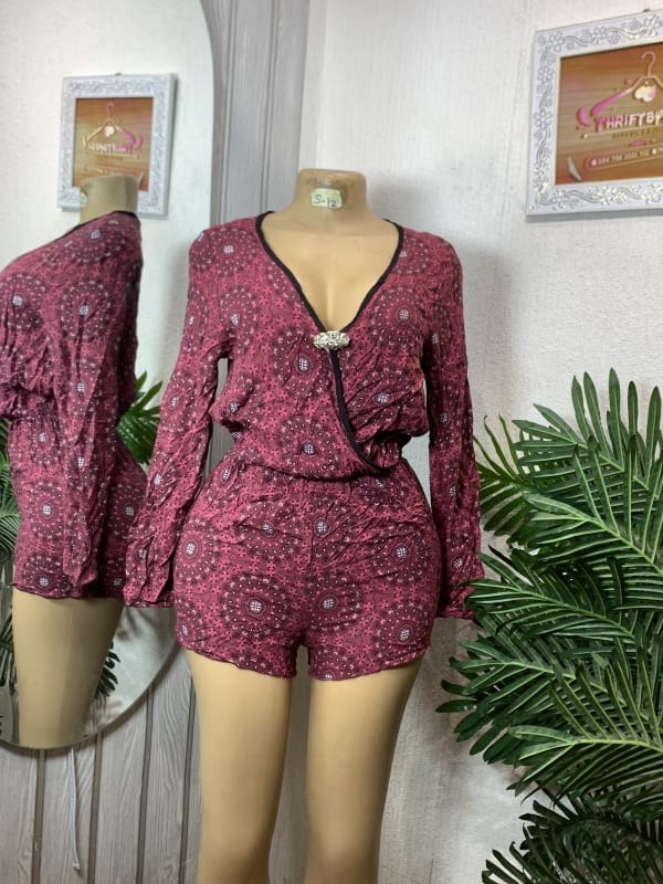 Boho Floral V-Neck Long Sleeve Romper with Rhinestone Detail