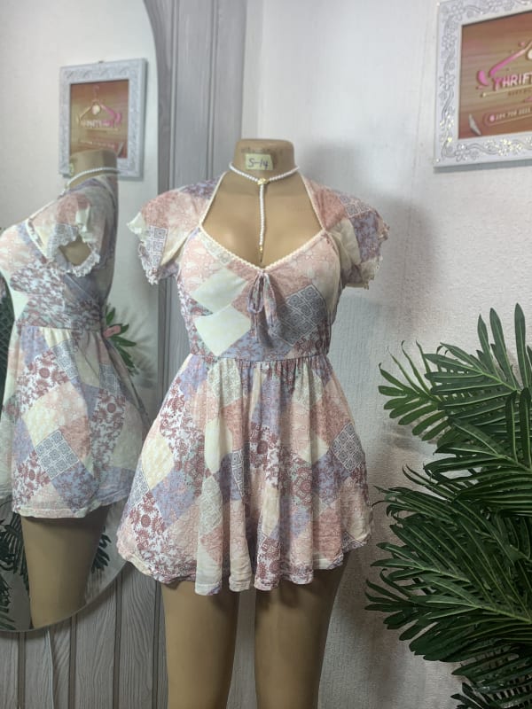 Vintage Patchwork Print Mini Dress with Tie-Front Detail