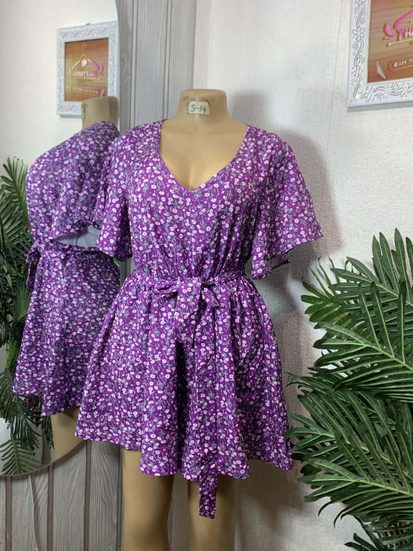 Women's Purple Floral V-Neck Flutter Sleeve Wrap Romper design
