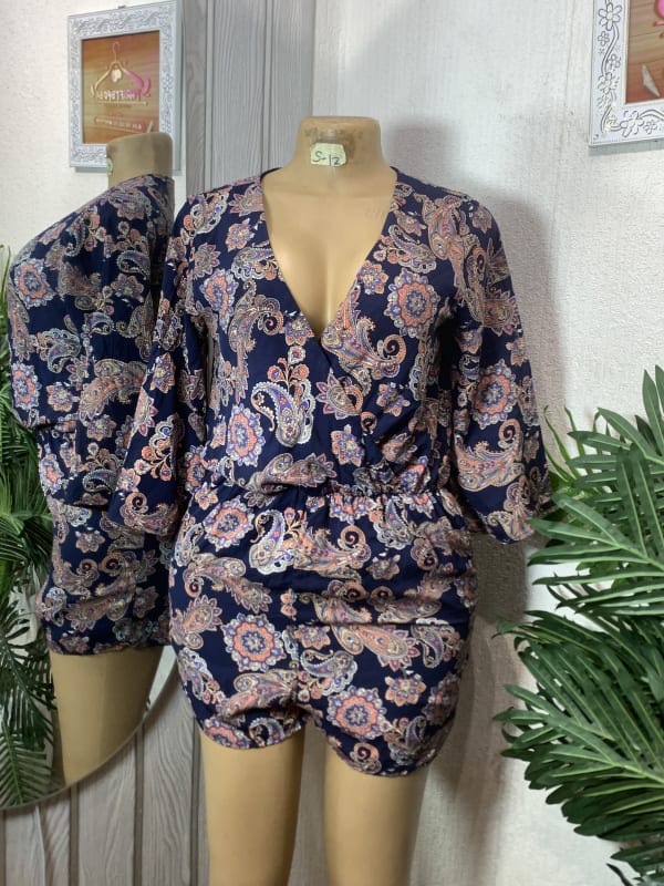 Women's Navy Blue Paisley Print V-Neck Romper