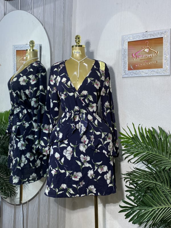 Navy Blue Floral Long Sleeve Wrap Dress