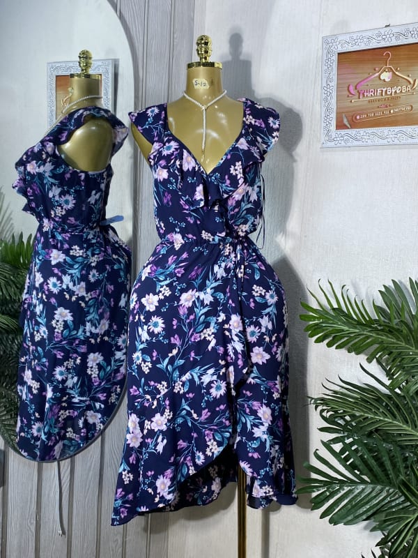 Women's Navy Floral Ruffle Wrap Midi Dress