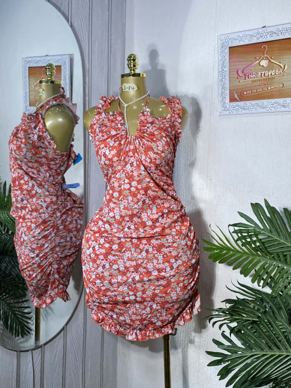 Floral Ruched Sleeveless Mini Dress - Red