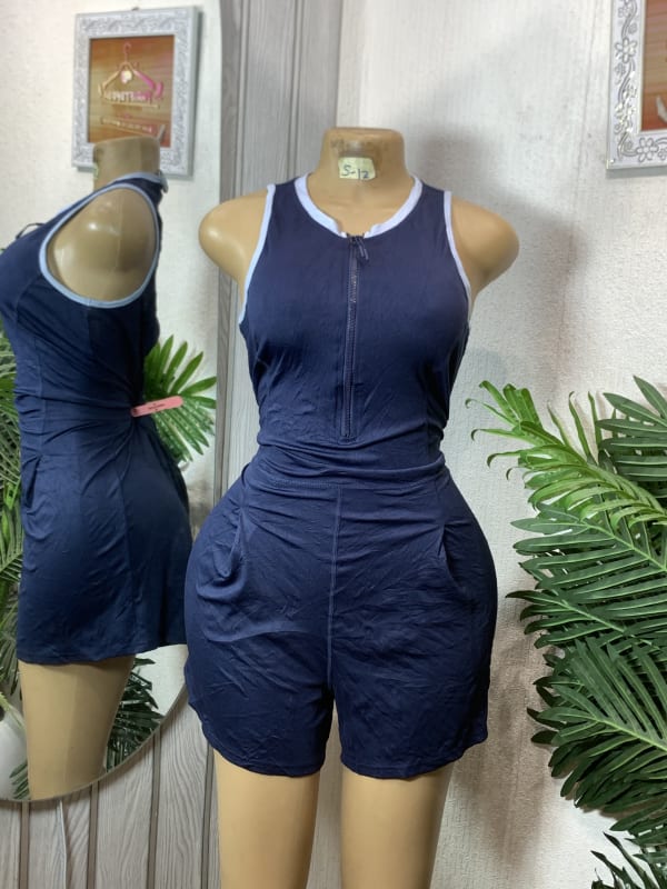 Women's Zip-Front Sleeveless Athletic Romper - Navy