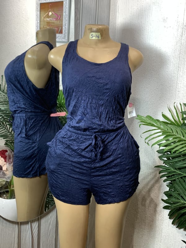 Casual Navy Blue Sleeveless Drawstring Romper
