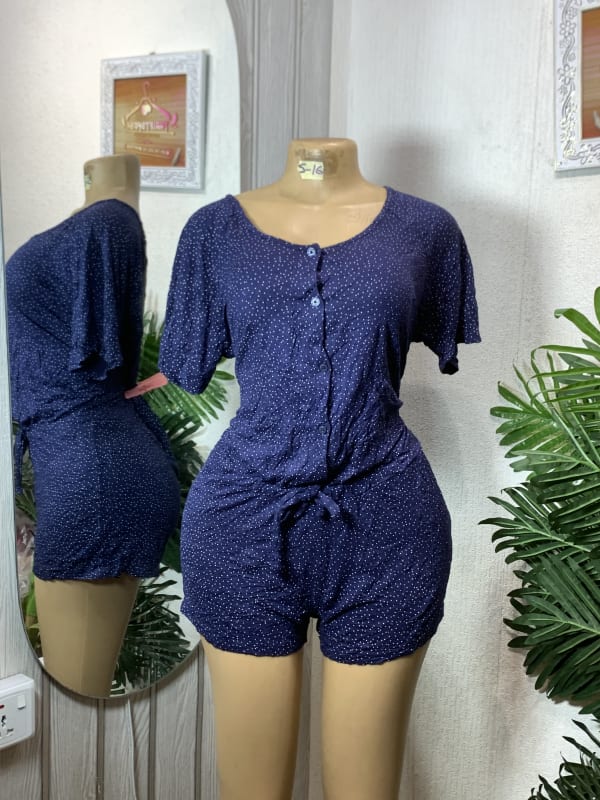Women's Navy Blue Polka Dot Button-Front Romper