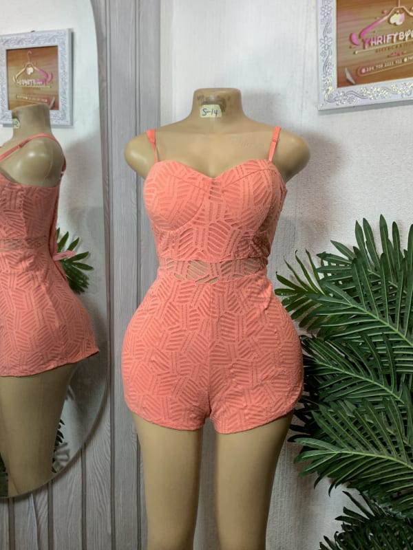 Women's Coral Textured Lace Romper with Adjustable Straps