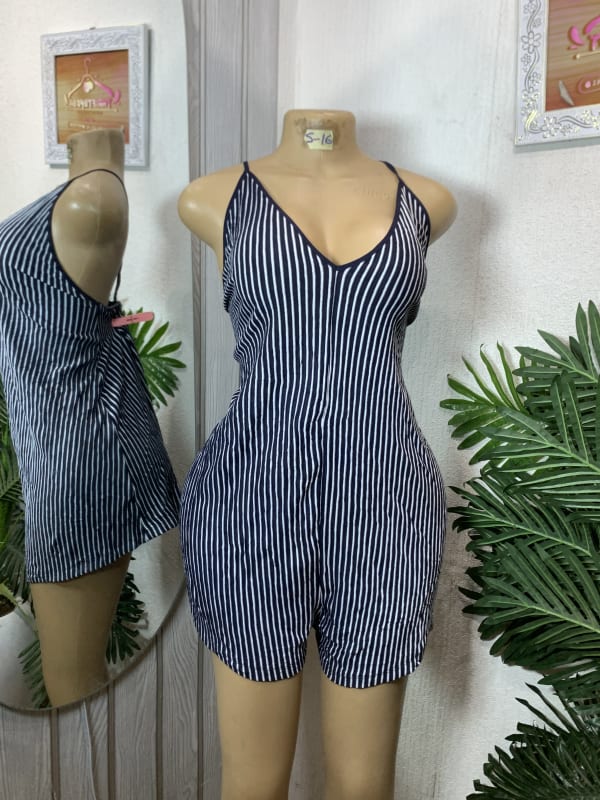 Women's Navy and White Striped Spaghetti Strap Romper