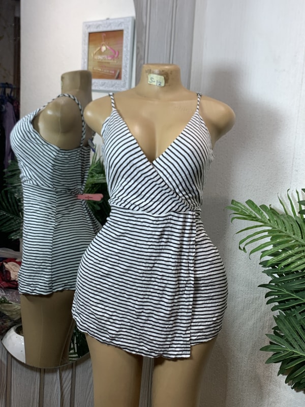 Women's Striped V-Neck Sleeveless Wrap Mini Dress