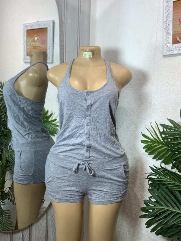 Women's Grey Racerback Button-Down Romper Shorts