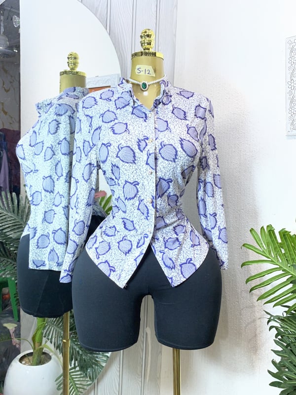 Women's Blue and White Leaf Print Button-Down Shirt