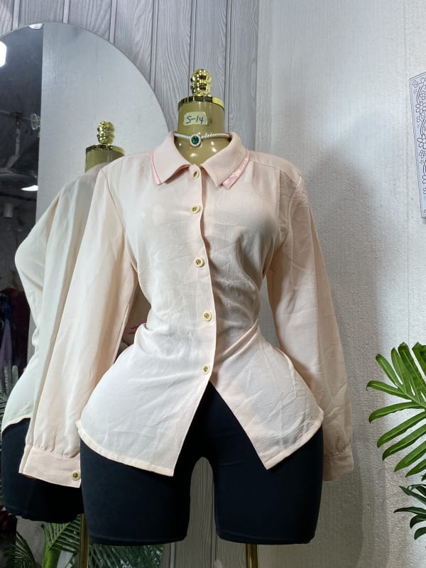 Elegant Peach Long-Sleeve Button-Down Blouse