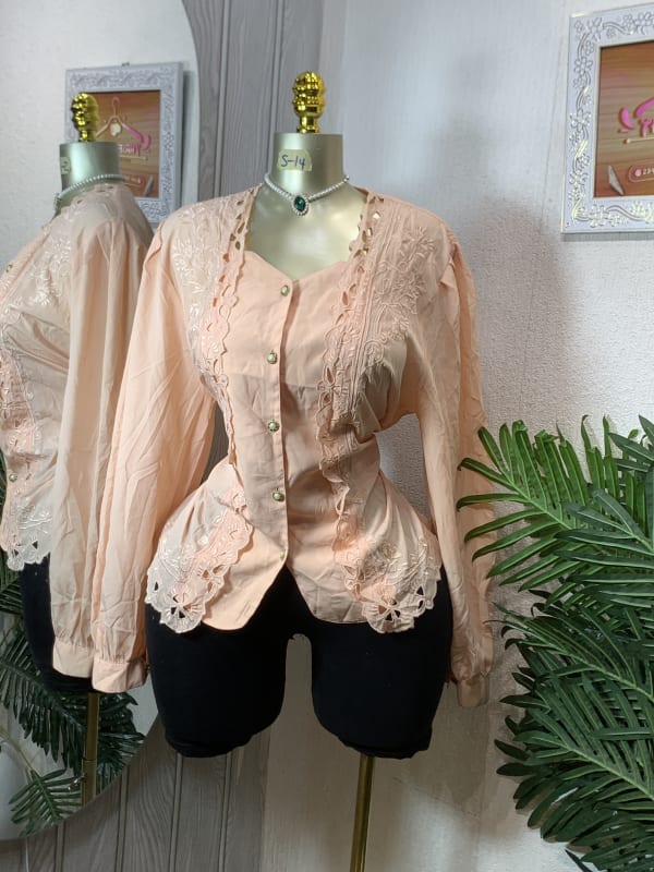 Elegant Peach Embroidered Long Sleeve Blouse