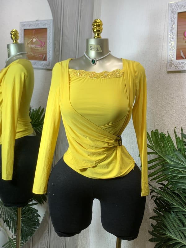 Elegant Yellow Wrap Top with Embellished Neckline