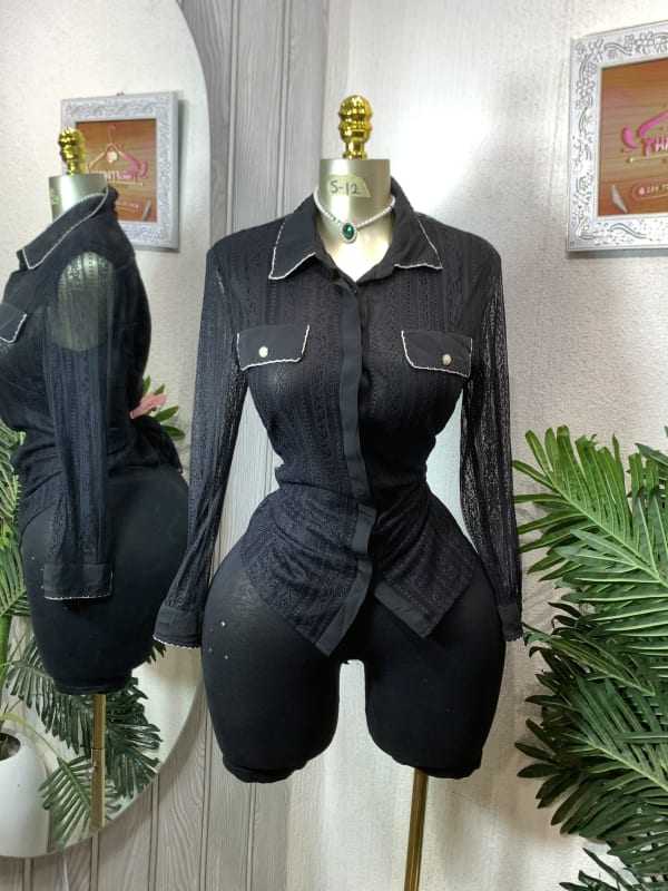 Elegant Black Sheer Lace Button-Down Long Sleeve Shirt