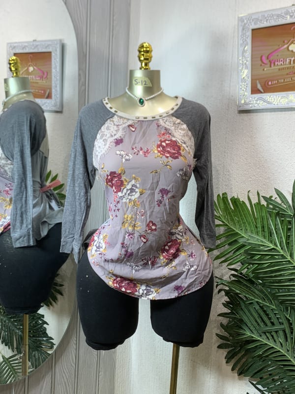 Floral Print Raglan Long Sleeve Top with Lace Trim