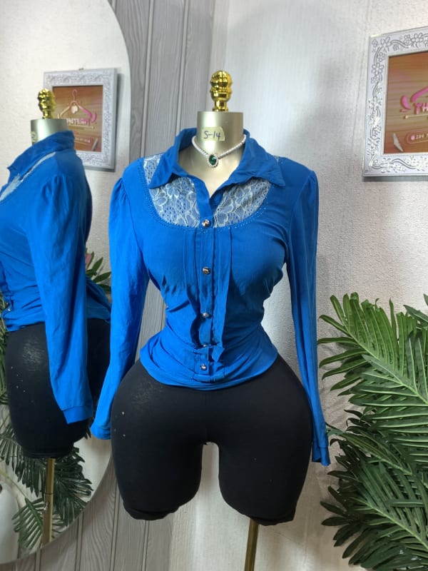 Elegant Royal Blue Long-Sleeve Button-Up Lace Detail Blouse