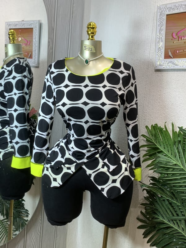 Black and White Geometric Print Peplum Top with Neon Trim