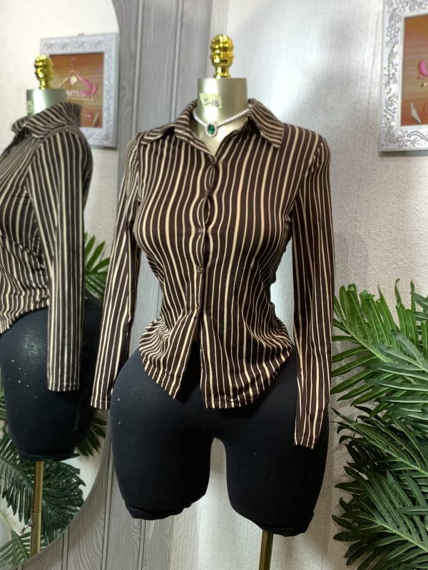 Women's Brown and Beige Vertical Striped Long-Sleeve Shirt